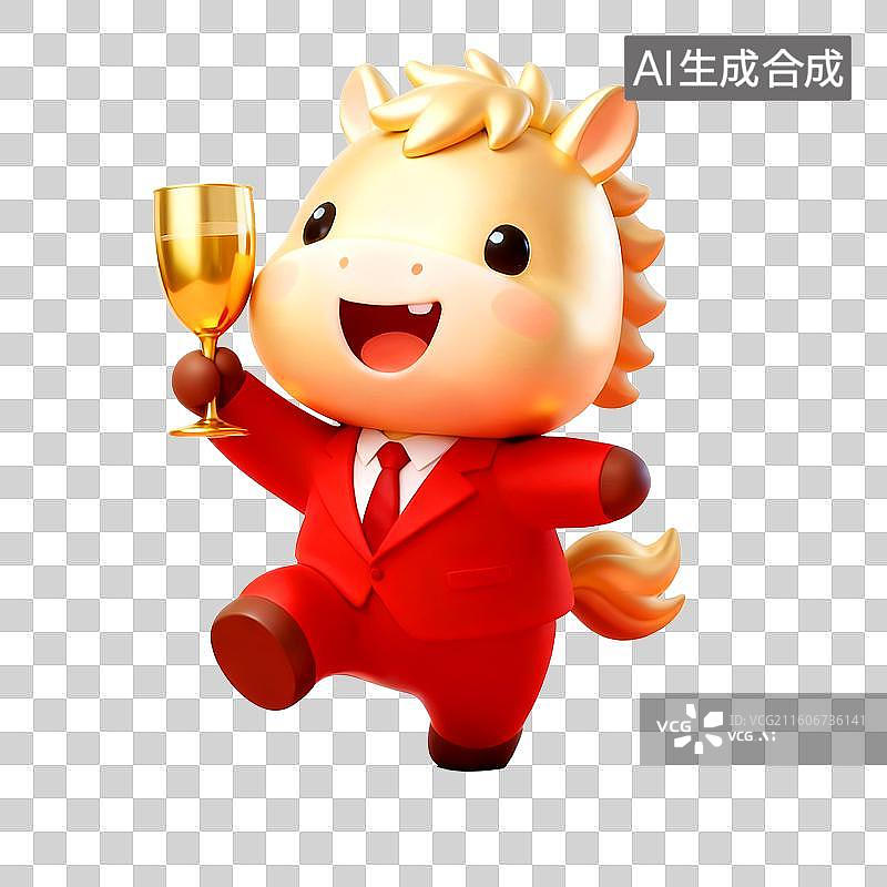 【AI数字艺术】3D穿着红色西装的可爱拟人马年金色小马举着酒杯祝贺2026年马到成功图片素材