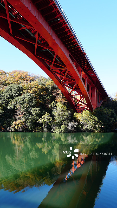 秋天平静的湖面与桥梁图片素材