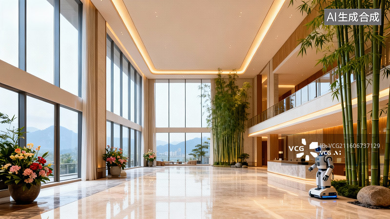 【AI数字艺术】现代大厅内景与机器人图片素材