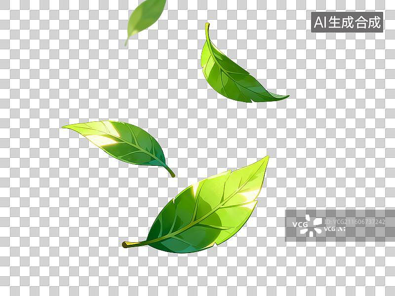【AI数字艺术】国风手绘插画，纷飞的叶子，绿叶，茶叶，春天，传统图案花纹，免抠素材图片素材