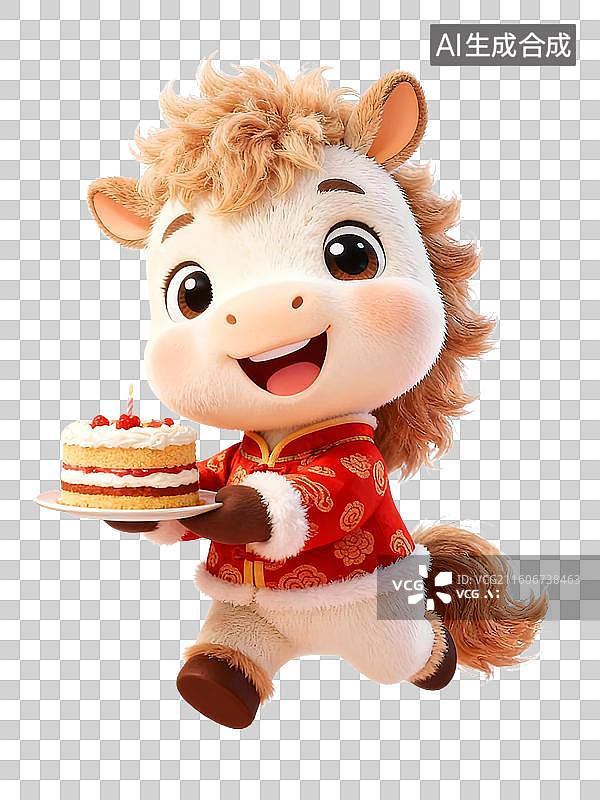 【AI数字艺术】3D毛绒绒国潮风可爱拟人小马捧着蛋糕欢快的跑来参加年夜饭聚会图片素材