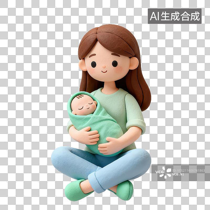 【AI数字艺术】3D粘土风格母婴亲子母亲女士抱着襁褓中的婴儿元素图片素材