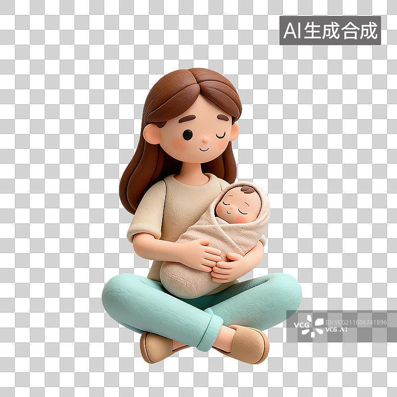 【AI数字艺术】3D粘土风格母婴亲子母亲女士抱着襁褓中的婴儿元素图片素材