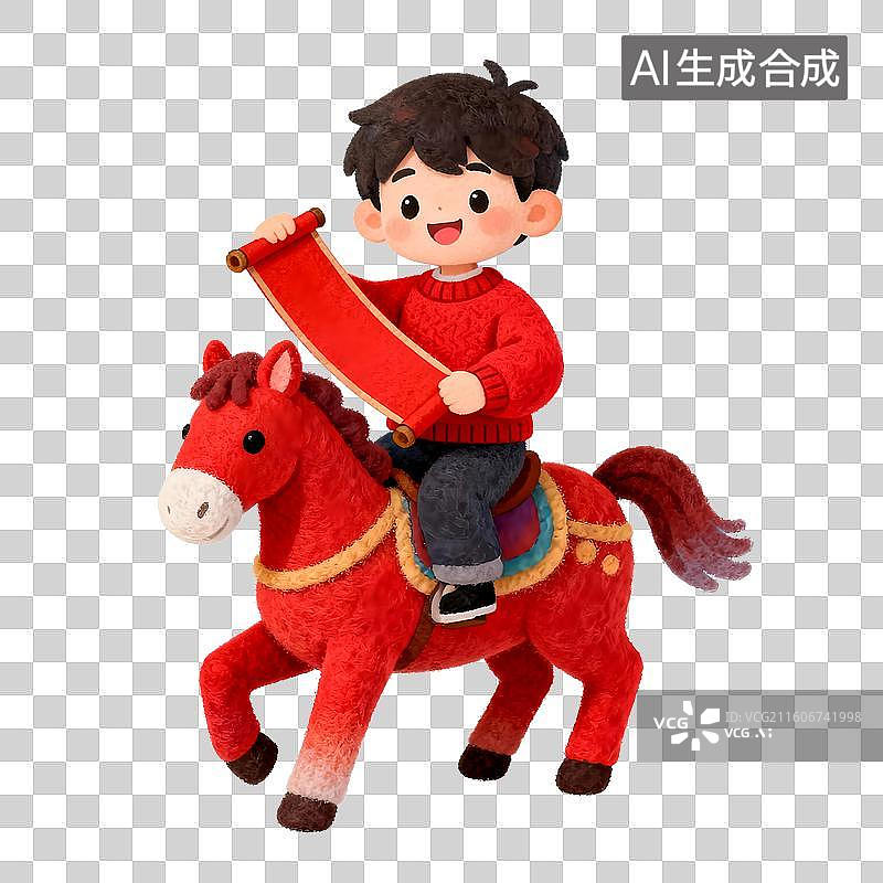 【AI数字艺术】3D渲染小男孩骑着马拿着卷轴祝愿新年马年学习进步一马当先图片素材