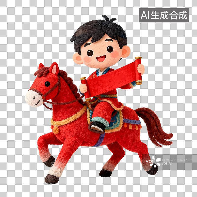 【AI数字艺术】3D渲染小男孩骑着马拿着卷轴祝愿新年马年学习进步一马当先图片素材