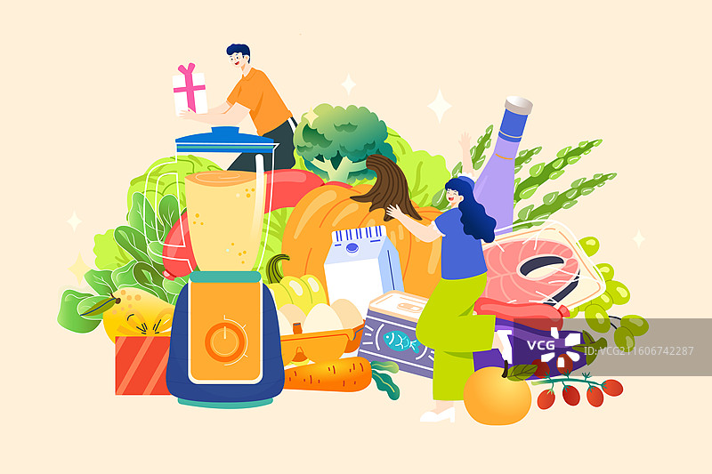 卡通美食餐饮吃饭聚餐朋友青年学生消费促销优惠购物电商饮食健康轻食烹饪食品外卖购物节背景渐变矢量插画图片素材