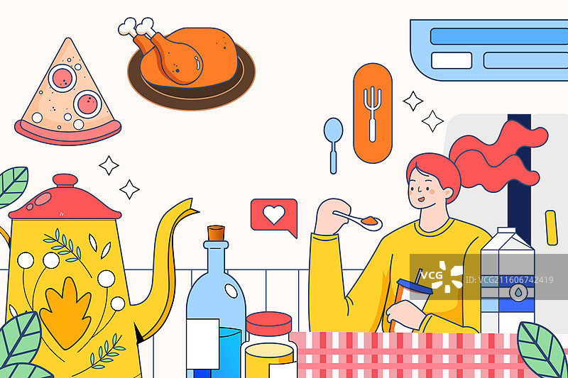 卡通美食餐饮吃饭聚餐朋友青年学生消费促销优惠购物电商饮食健康轻食烹饪食品外卖购物节背景渐变矢量插画图片素材