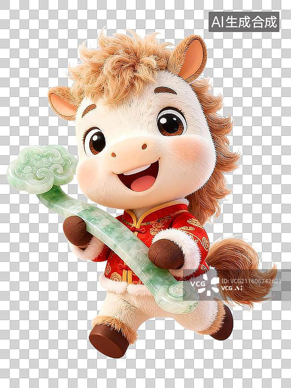 【AI数字艺术】3D毛绒绒国潮风可爱拟人小马抱着玉如意祝愿2026年吉祥如意图片素材