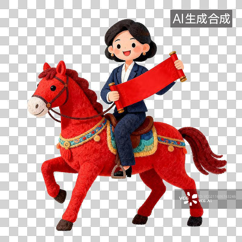 【AI数字艺术】3D渲染，穿着职场套装的白领骑着小红马，拿着卷轴，迎接2026年，春节马年新年图片素材