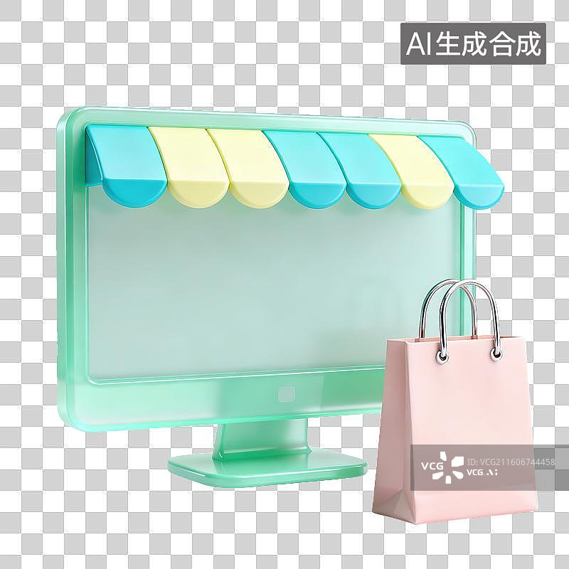 【AI数字艺术】3D磨砂玻璃材质电商购物主题电脑显示器上旁边的购物袋元素图片素材