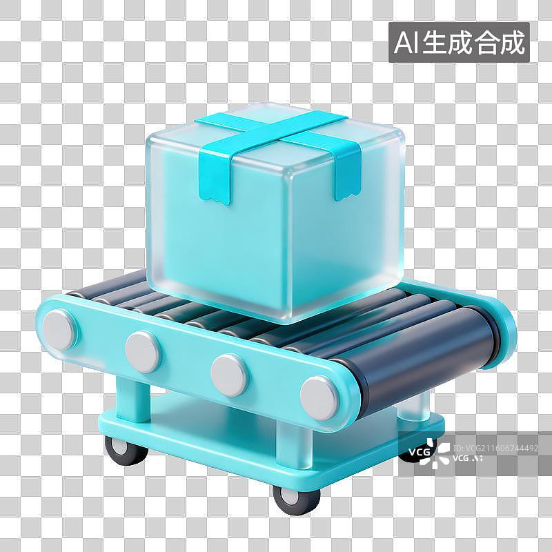【AI数字艺术】3D磨砂玻璃材质电商购物主题传送带上的纸箱智能仓储智能物流元素图片素材