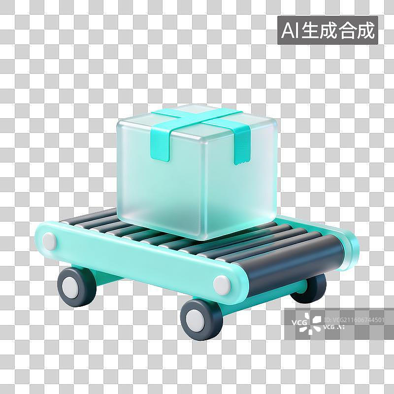 【AI数字艺术】3D磨砂玻璃材质电商购物主题传送带上的纸箱智能仓储智能物流元素图片素材
