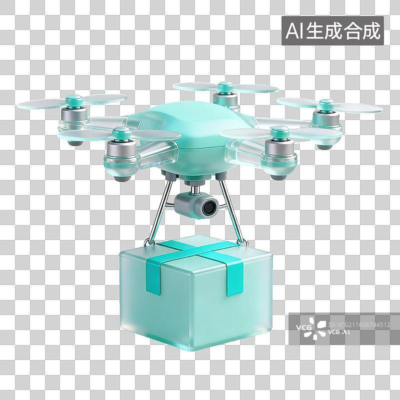 【AI数字艺术】3D磨砂玻璃材质电商购物主题无人机递送纸箱元素图片素材