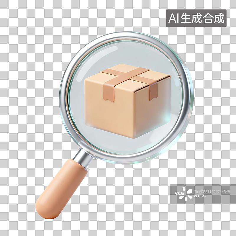 【AI数字艺术】3D磨砂玻璃材质电商购物主题放大镜纸箱查询快递位置元素图片素材