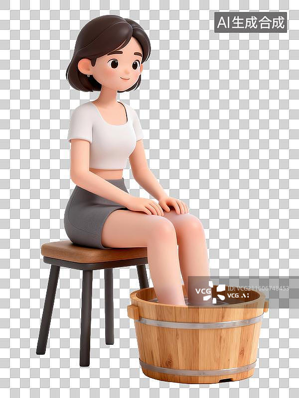 【AI数字艺术】女子坐着泡脚的卡通画面图片素材