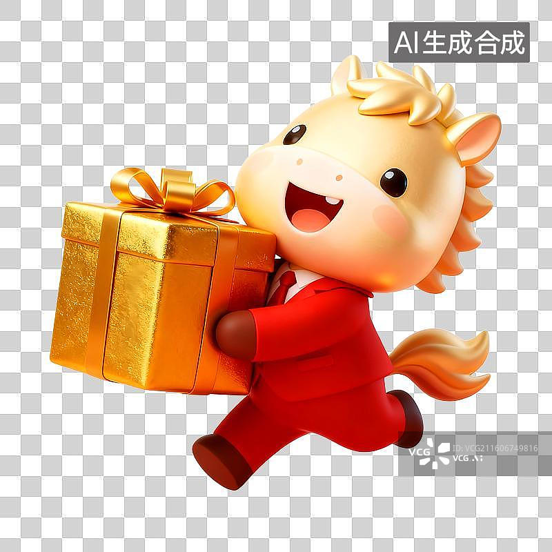 【AI数字艺术】3D穿着红色西装的可爱风马年金色小马，抱着礼物盒子跑来拜年图片素材