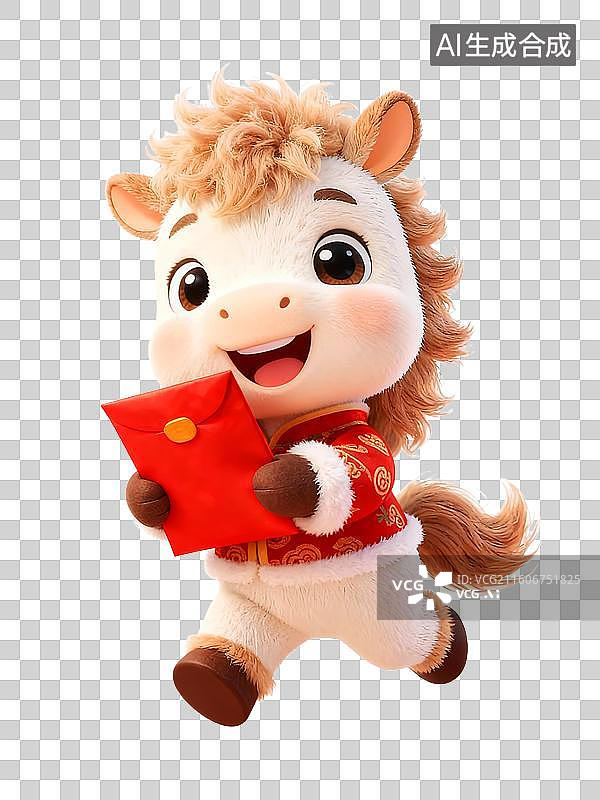 【AI数字艺术】3D毛绒绒国潮风可爱小马拿着红包跑来图片素材