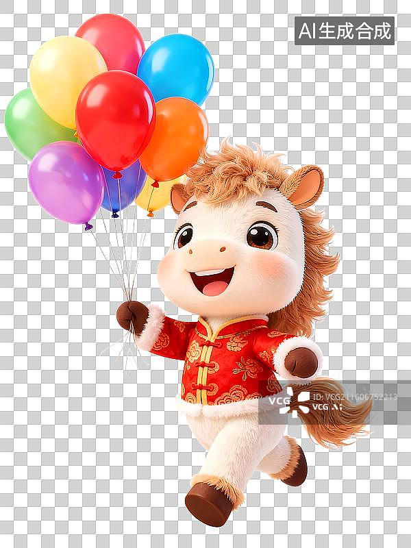 【AI数字艺术】3D毛绒绒国潮风可爱拟人小马拿着五彩气球跑来图片素材