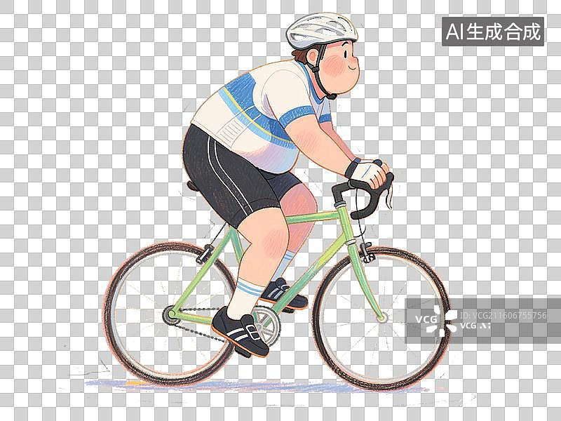 【AI数字艺术】手绘彩铅插画肥胖的男人在户外戴头盔骑自行车减肥瘦身元素图片素材