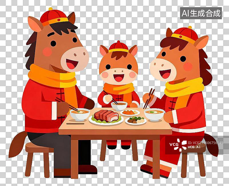 【AI数字艺术】2026年十二生肖马年中国新年春节卡通马一家人传统年俗插画元素免抠图形图片素材