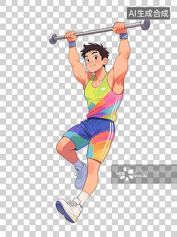 【AI数字艺术】手绘彩铅插画正在健身房练习单杠引体向上训练肌肉力量的年轻人图片素材