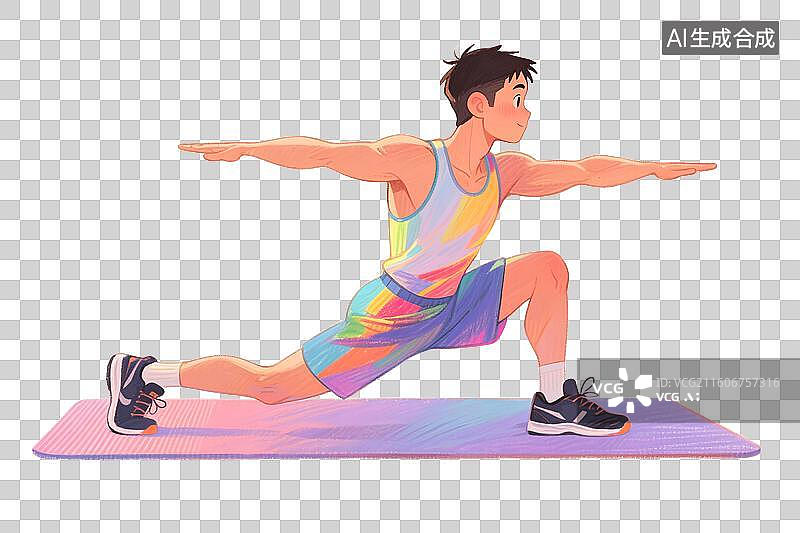 【AI数字艺术】手绘彩铅插画正在健身房瑜伽垫上做瑜伽平衡拉伸训练的年轻女性免扣元素图片素材