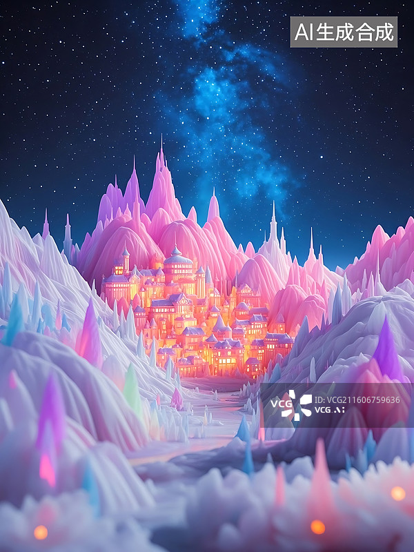 【AI数字艺术】梦幻粉色城堡，夜空星光璀璨图片素材