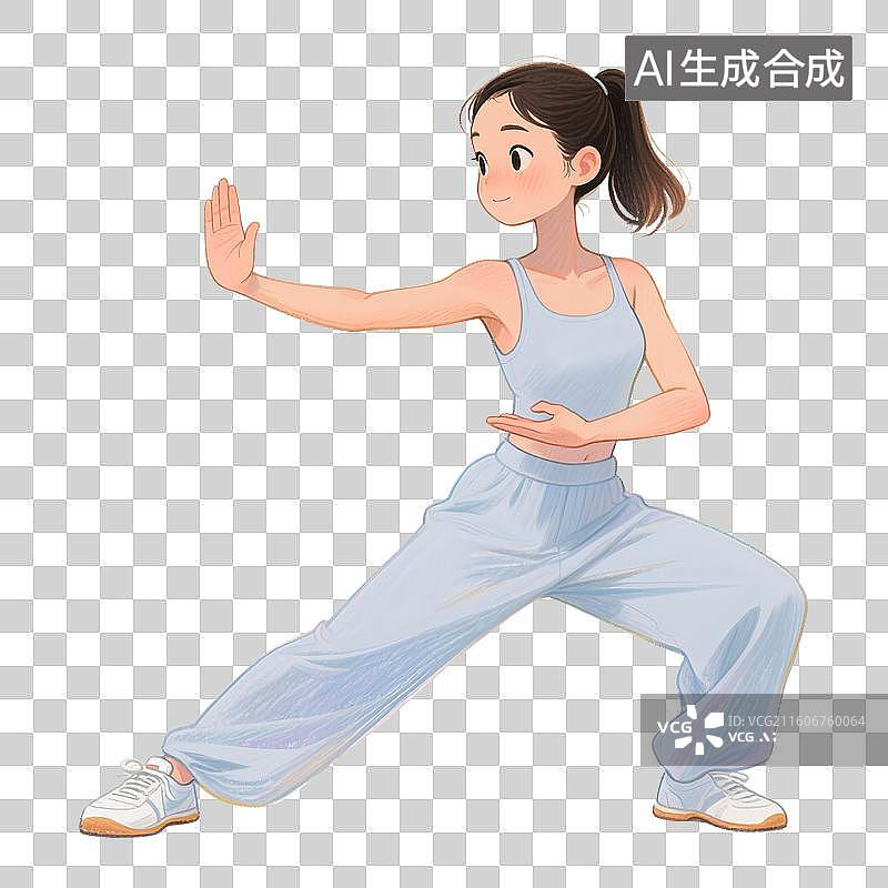 【AI数字艺术】手绘彩铅插画正在打武术，太极拳，八段锦，中国功夫的年轻女性免扣元素图片素材