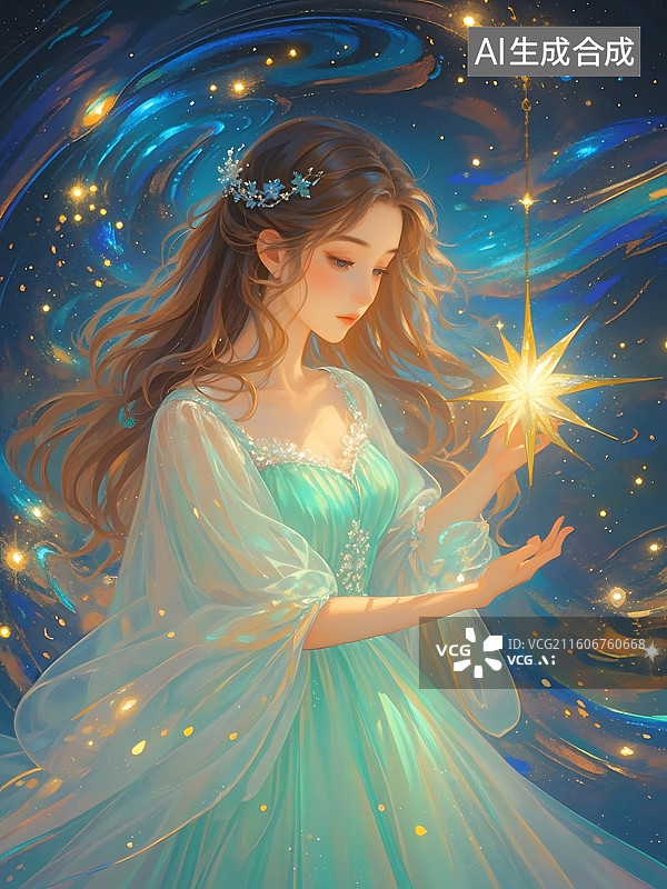 【AI数字艺术】星光少女，优雅的宇宙拥抱图片素材