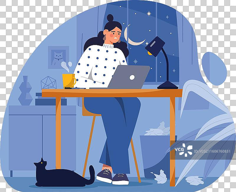 年轻女子加班工作，坐在图片素材