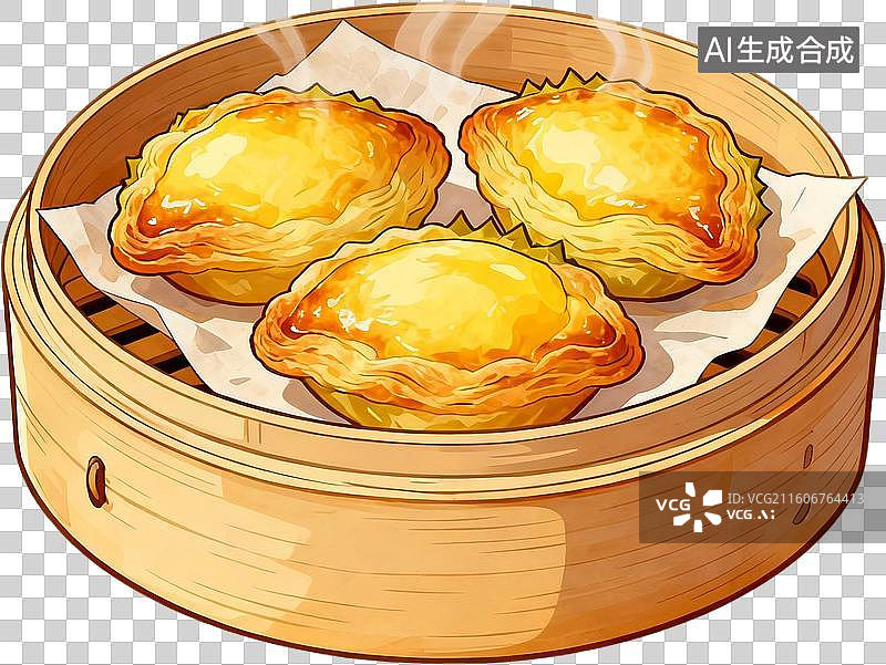【AI数字艺术】传统美食早茶2D水彩扁平插画粤菜港式广式早茶点心美味糕点小吃插画元素免抠图形图片素材
