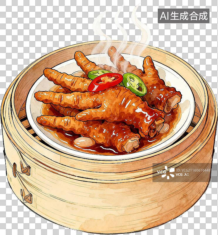 【AI数字艺术】传统美食早茶2D水彩扁平插画粤菜港式广式早茶点心美味糕点小吃插画元素免抠图形图片素材