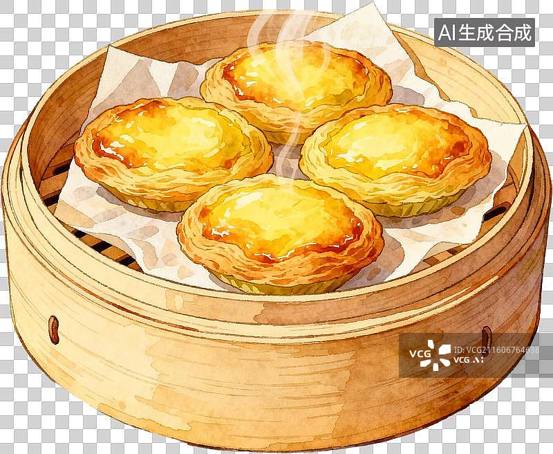 【AI数字艺术】传统美食早茶2D水彩扁平插画粤菜港式广式早茶点心美味糕点小吃插画元素免抠图形图片素材