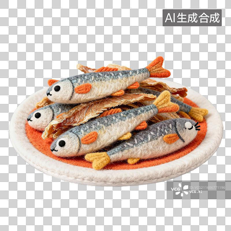 【AI数字艺术】3D羊毛毡风格萌宠经济宠物用品宠物生活系列元素猫咪零食小鱼干图片素材