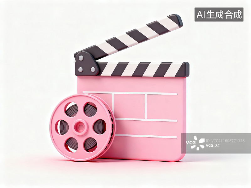 【AI数字艺术】白色背景下的粉色卡通电影拍板与胶卷胶片图片素材