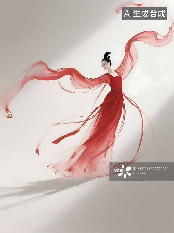 【AI数字艺术】水墨朱砂，极简化，细线条笔刷感，穿红衣的古代女子图片素材