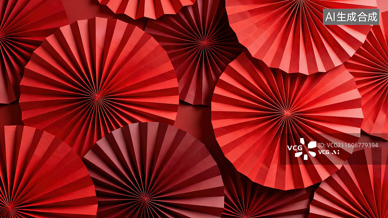 【AI数字艺术】红色圆形折纸折扇纹理背景，中式喜庆节日立体折纸场景插画背景图片素材