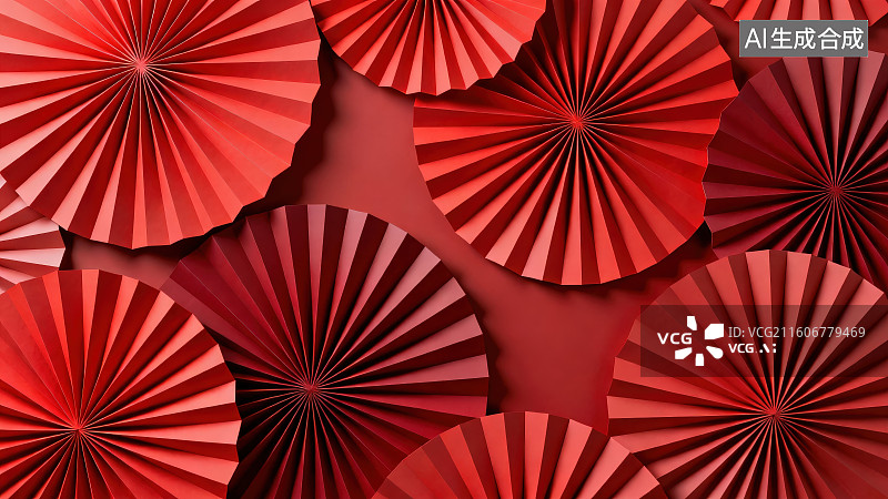 【AI数字艺术】红色圆形折纸折扇纹理背景，中式喜庆节日立体折纸场景插画背景图片素材