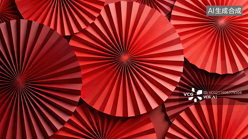 【AI数字艺术】红色圆形折纸折扇纹理背景，中式喜庆节日立体折纸场景插画背景图片素材