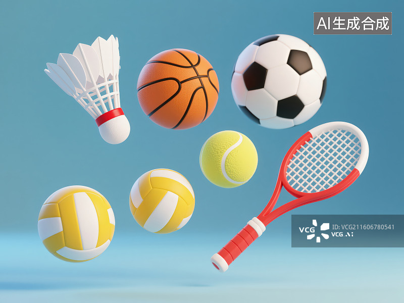 【AI数字艺术】蓝色渐变背景下体育运动器材球拍足球篮球羽毛球排球网球图片素材