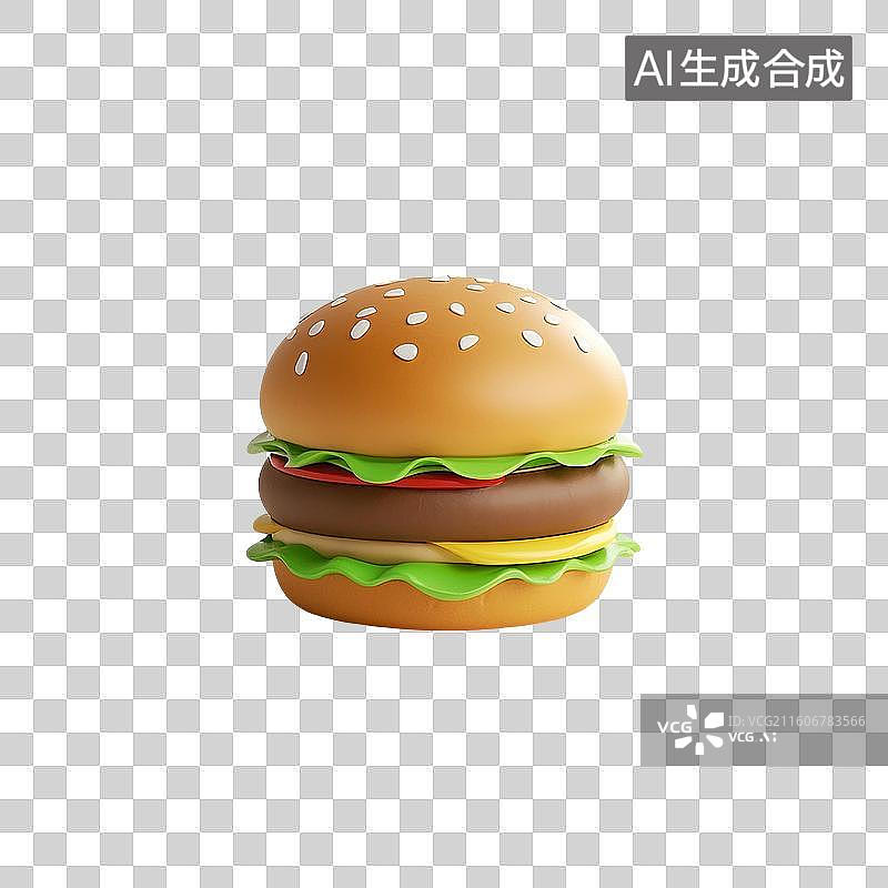 【AI数字艺术】3D渲染，一个汉堡，芝士汉堡，盘子里的汉堡包，卡通快餐美食免抠元素图片素材