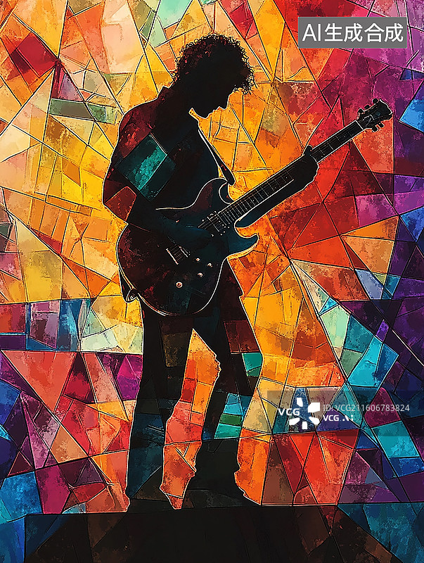 【AI数字艺术】彩色光影下的摇滚吉他手图片素材