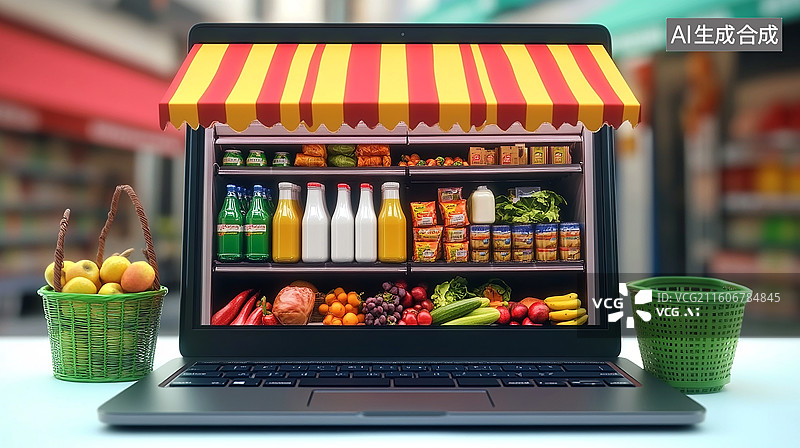 【AI数字艺术】笔记本电脑上的水果商店图片素材