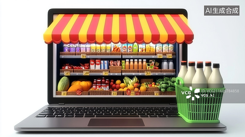 【AI数字艺术】笔记本电脑上的水果商店图片素材