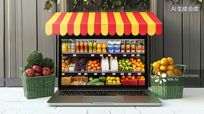 【AI数字艺术】笔记本电脑上的水果商店图片素材