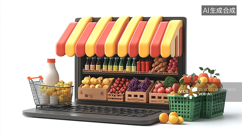 【AI数字艺术】笔记本电脑上的水果商店图片素材