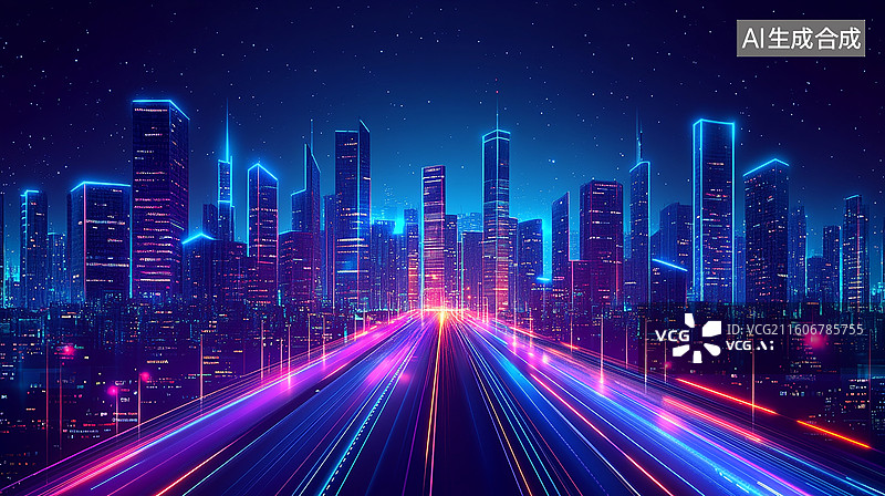 【AI数字艺术】城市光轨与未来感建筑图片素材