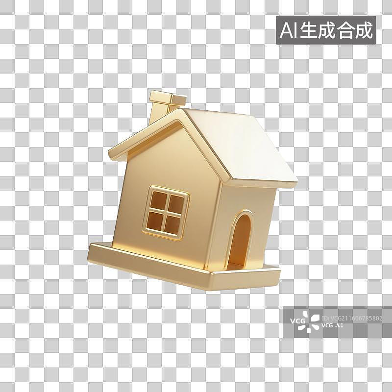【AI数字艺术】3D渲染，金色卡通小房屋，房子，住宅，不动产，免抠元素图片素材