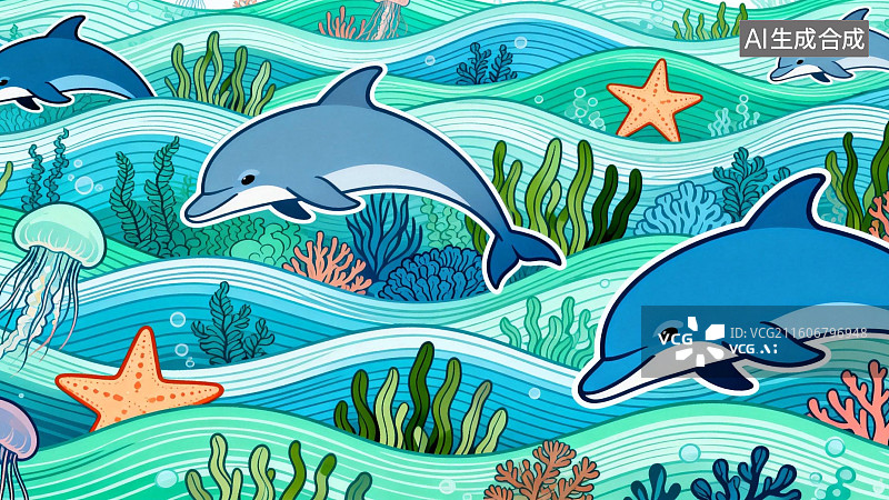 【AI数字艺术】海底世界海豚游动场景图片素材