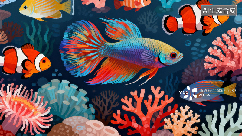 【AI数字艺术】海底世界多彩鱼类与珊瑚图片素材
